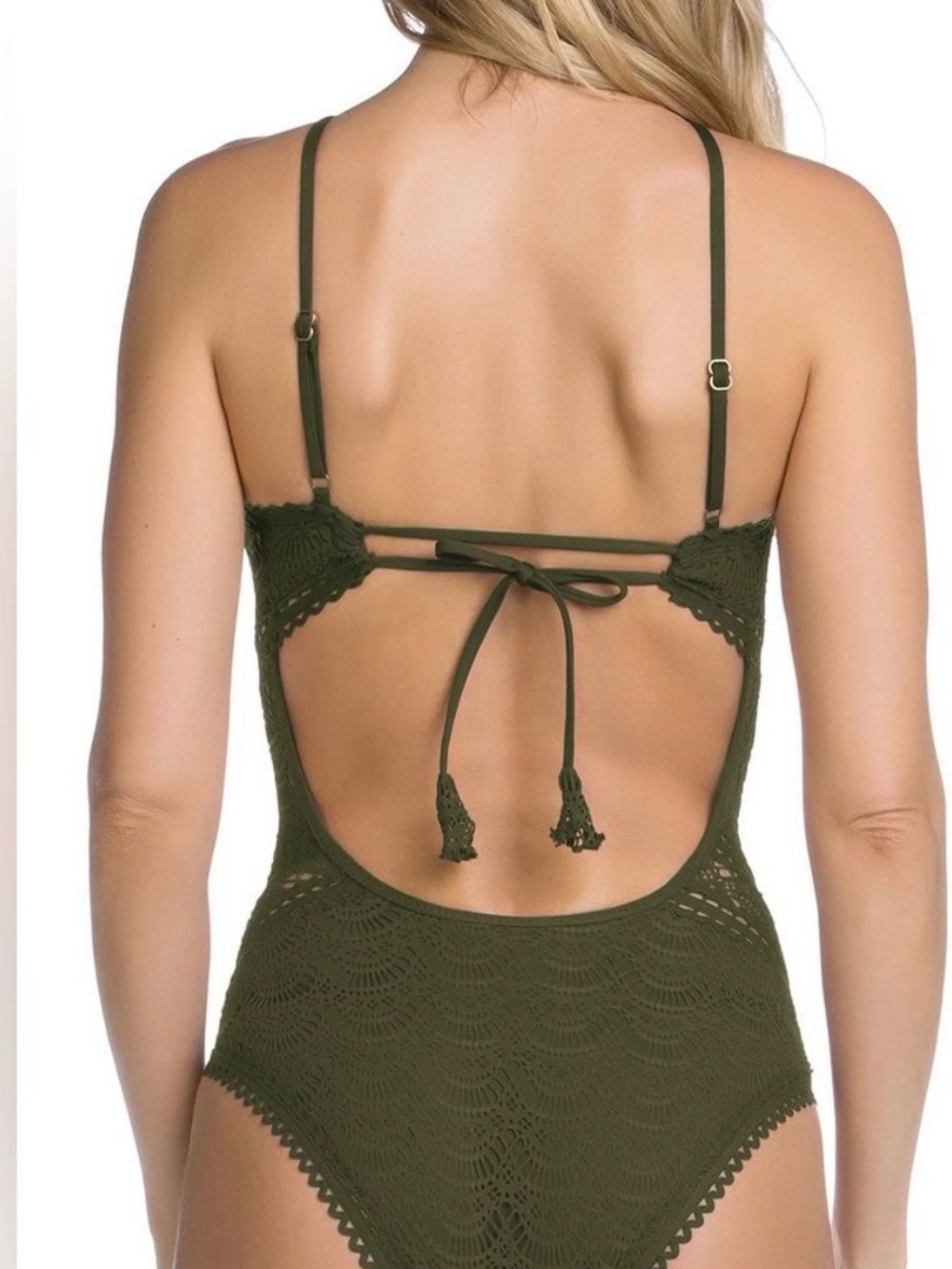 BECCA Olive Green Crochet One-Piece Swimsuit - Picture 4 of 5